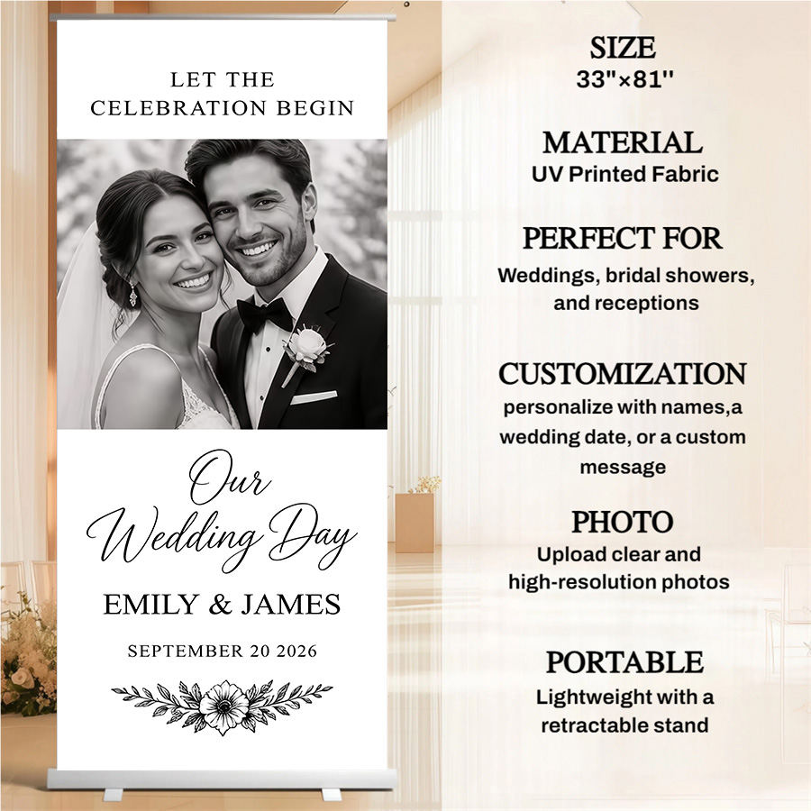 Customized wedding retractable banners - personalized photo wedding welcome signs, reception decorations and background curtains